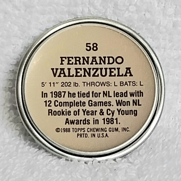 3/$20 Vintage & Mint 1988 Topps MLB Fernando Valenzuela 1/2" Metal Coin 58/60!! - Picture 2 of 2